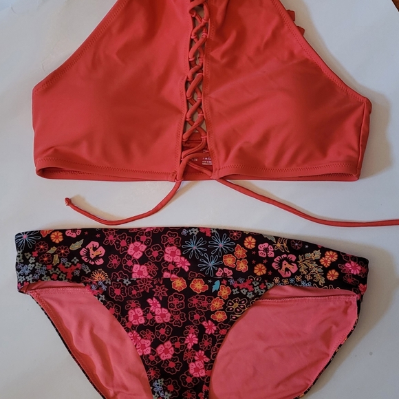 Aerie halter top style two Piece Orange and blue floral Swimsuit Sz Medium - Picture 2 of 14